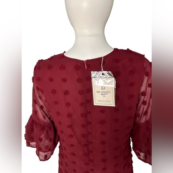 Belonsci Women’s Dress V-Neck Swiss Dot Red Wine Midi Chiffon Shift Size-L NWT - Picture 4 of 5
